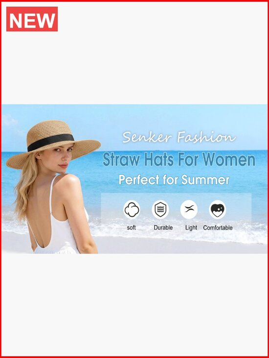 Wide Brim Straw Sun Hat with UV Protection, Packable main image 7
